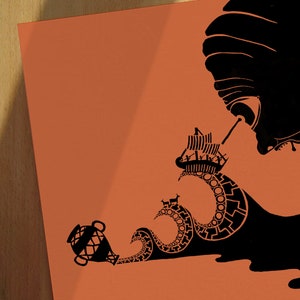 May include: A black and white illustration of a ship sailing into a wave that is shaped like an octopus. The octopus has a large head with a single eye and a long, flowing tentacle. The ship has a sail and a row of people on board. The background is a solid orange color.