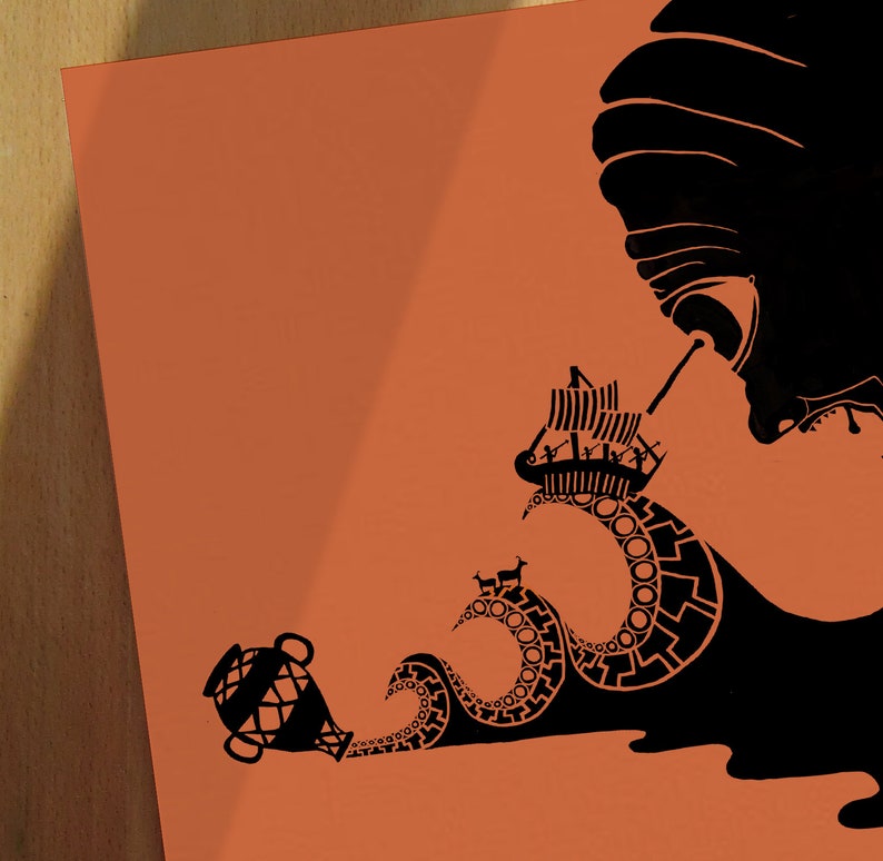 May include: A black and white illustration of a ship sailing into a wave that is shaped like an octopus. The octopus has a large head with a single eye and a long, flowing tentacle. The ship has a sail and a row of people on board. The background is a solid orange color.