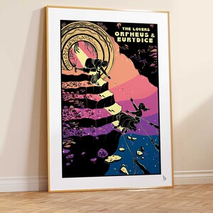 May include: A black and white illustration of Orpheus and Eurydice, with a colorful background. The text "THE LOVERS ORPHEUS & EURYDICE" is at the top of the image.