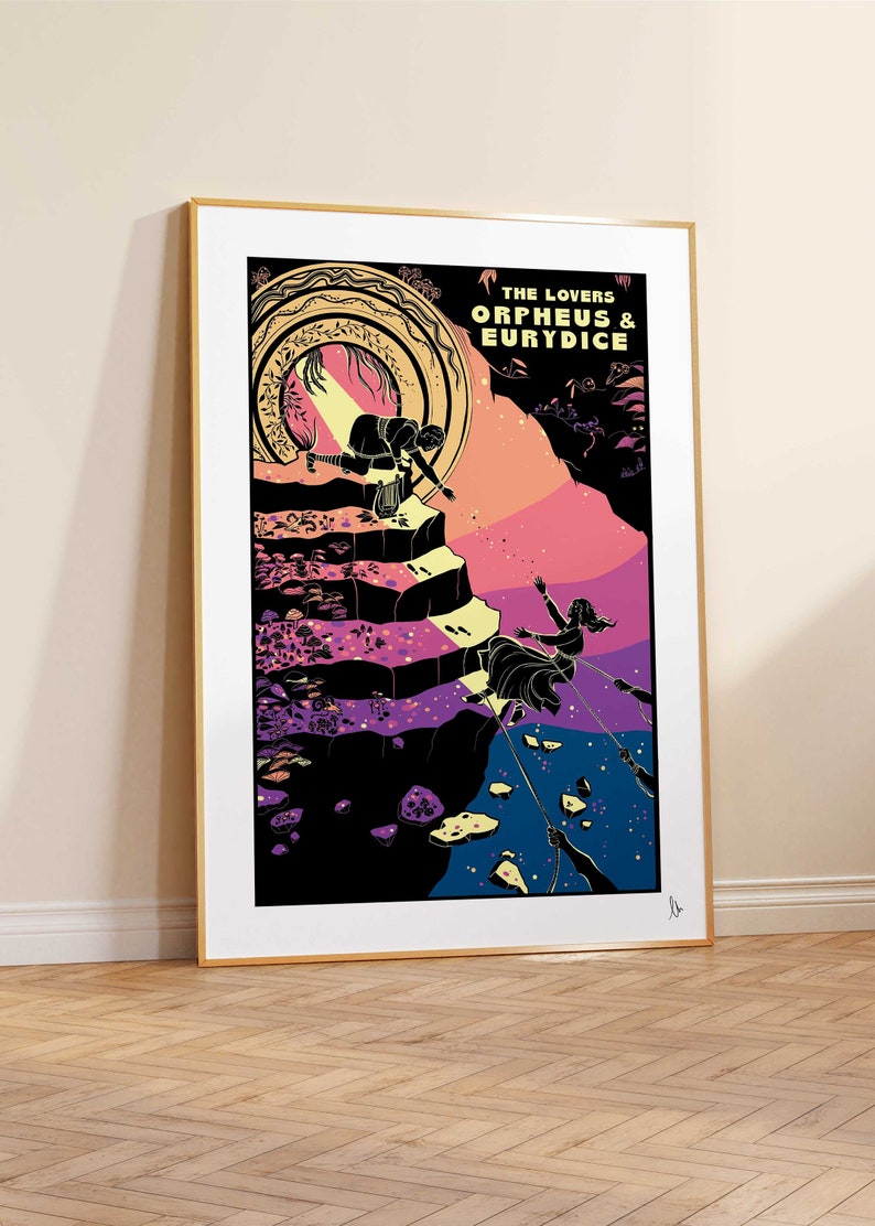 May include: A black and white illustration of Orpheus and Eurydice, with a colorful background. The text "THE LOVERS ORPHEUS & EURYDICE" is at the top of the image.