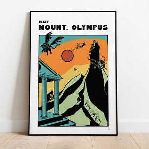 Monte Olimpo, Poster di viaggio, Stampa della mitologia greca, Arte murale con dei e dee, Decorazione mitologica, Stampa digitale retrò, Stampa della Grecia, A4, A3, A2