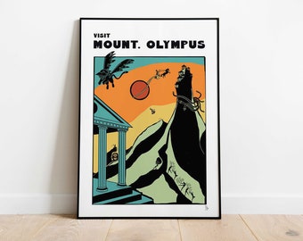 Visit Mount Olympus Travel Poster: Retro Greek Mythology Art Print (A4, A3, A2)