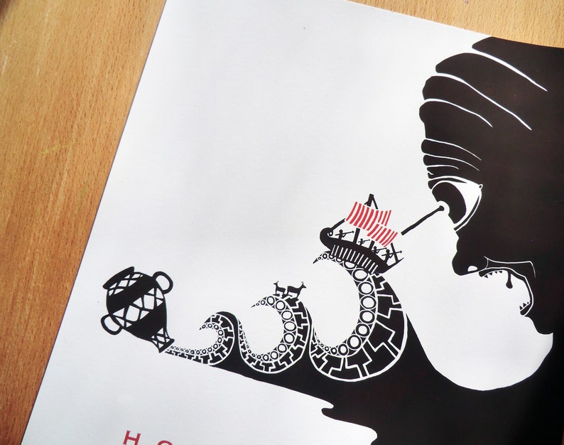 May include: Black and white illustration of a monster with a large mouth and a single eye, facing a ship being pulled into its mouth by a series of tentacles. The ship has a red sail and is being pulled by a large octopus.