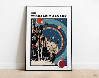 Das Reich von Asgard, nordische Mythologie inspiriertes Reise Poster, nordischer Gott Art Print, nordische Reiche Wand Dekor, Grafik Art Print, A4, A3, A2