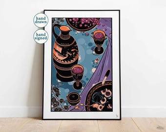 Drinks with Dionysus the God of Wine: Tablescape Art Print, Greek Mythology (A4, A3, A2)