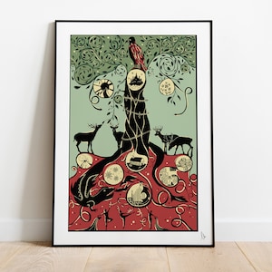 Yggdrasil, Baum des Lebens, Nordische Mythologie Druck, Neun Reiche Karte, Original Grafikdruck, Nordische Wand Dekoration, Mythologie Geschenk, A4, A3, A2