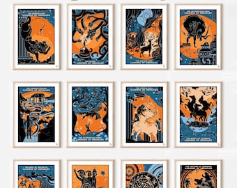 Heracles Labours 12 Print Set: Greek Mythology Wall Art (A5, A4, A3)
