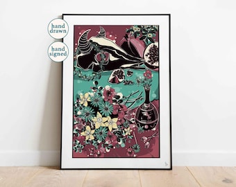 Pomegranates with Persephone Greek Mythology Tablescape Wall Art Print (A4, A3, A2)
