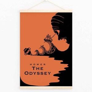 May include: A black and orange poster with a silhouette of a ship being swallowed by a giant sea monster. The text "HOMER THE ODYSSEY" is printed in black at the bottom of the poster.