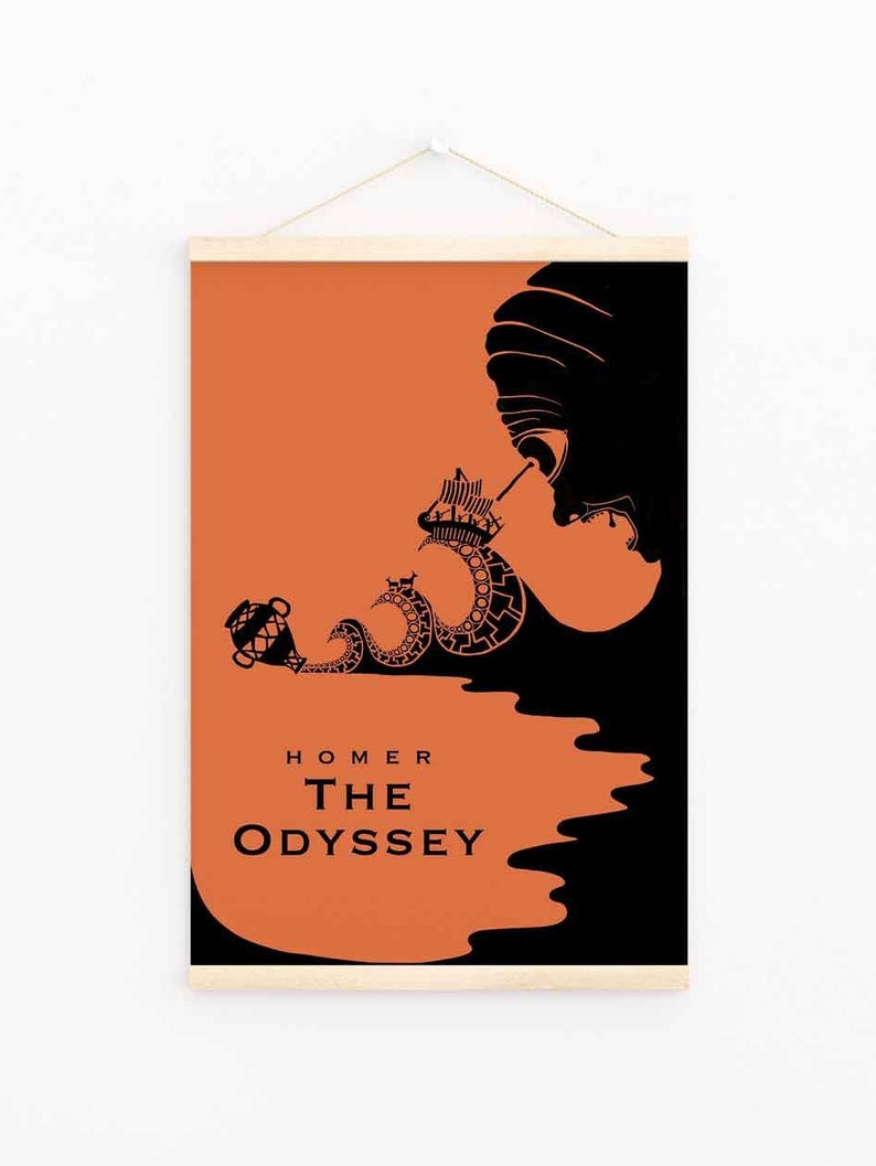 May include: A black and orange poster with a silhouette of a ship being swallowed by a giant sea monster. The text "HOMER THE ODYSSEY" is printed in black at the bottom of the poster.