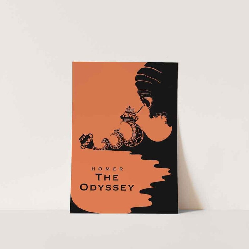May include: A minimalist poster with an orange background and black text. The text reads "HOMER THE ODYSSEY". The image depicts a black silhouette of a ship being swallowed by a wave.
