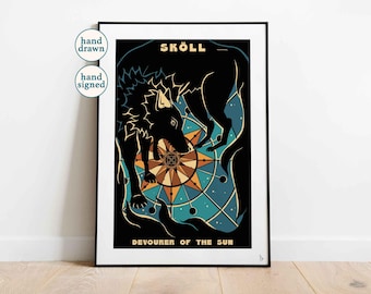Sköll Wolf Print: Norse Mythology, Sun Devourer Art (A4, A3, A2