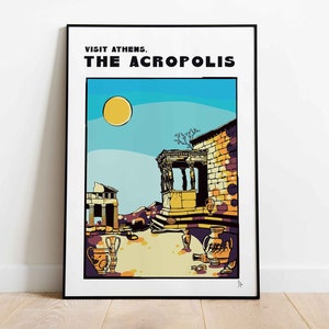 Stampa dell'Acropoli di Atene, poster turistico dell'Eretteo, decorazioni per la casa con le Cariatidi, arte murale della mitologia greca, visita la Grecia, stampa grafica, A4, A3, A2
