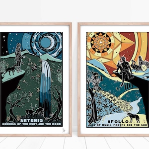 May include: Two framed illustrations of Greek gods, Artemis and Apollo. Artemis is depicted in a forest setting with a waterfall, while Apollo is shown in a sun-drenched landscape. Both illustrations feature intricate mandala-like designs and the text "ARTEMIS GODDESS OF THE HUNT AND THE MOON" and "APOLLO GOD OF MUSIC, POETRY AND THE SUN".