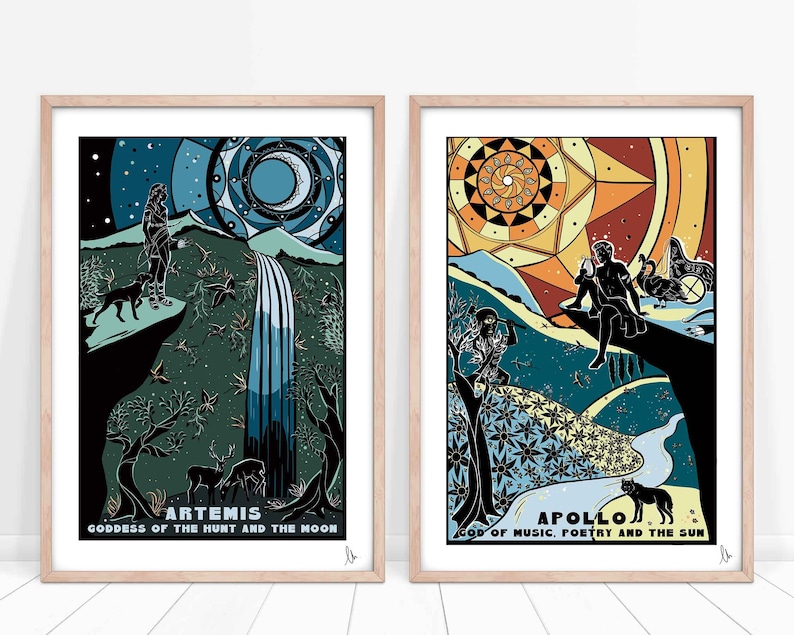 May include: Two framed illustrations of Greek gods, Artemis and Apollo. Artemis is depicted in a forest setting with a waterfall, while Apollo is shown in a sun-drenched landscape. Both illustrations feature intricate mandala-like designs and the text "ARTEMIS GODDESS OF THE HUNT AND THE MOON" and "APOLLO GOD OF MUSIC, POETRY AND THE SUN".