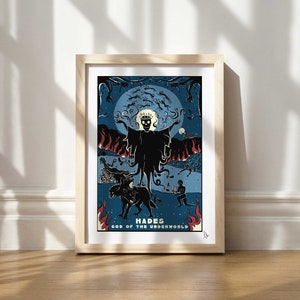 May include: A framed illustration of Hades, the Greek god of the underworld. The image is in a dark blue and black color scheme with a full moon and flames in the background. The text "Hades, God of the Underworld" is at the bottom of the image.