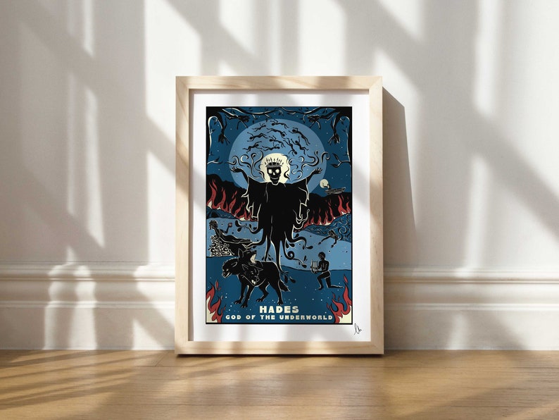 May include: A framed illustration of Hades, the Greek god of the underworld. The image is in a dark blue and black color scheme with a full moon and flames in the background. The text "Hades, God of the Underworld" is at the bottom of the image.