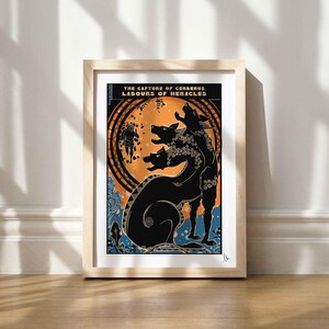 May include: A framed print of a black and white illustration of the Greek mythological creature Cerberus, a three-headed dog, with the text "The Capture of Cerberus Labours of Heracles".