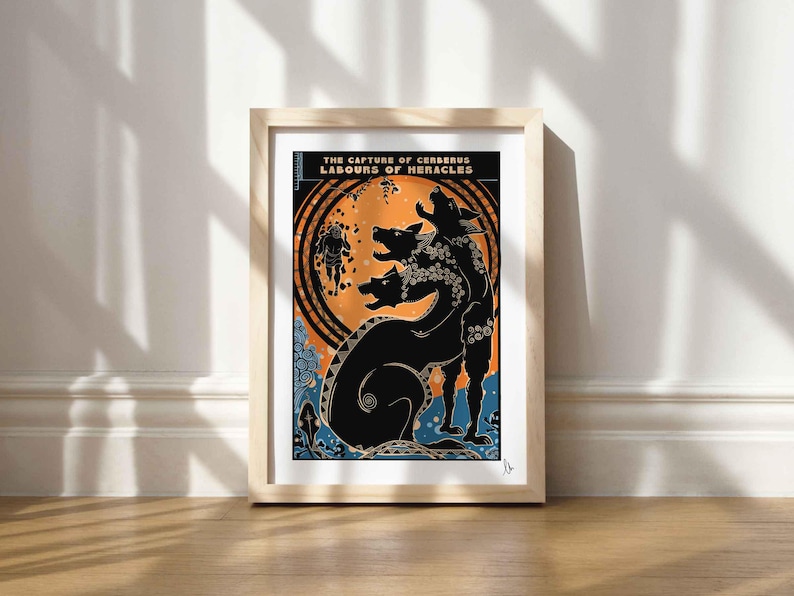 May include: A framed print of a black and white illustration of the Greek mythological creature Cerberus, a three-headed dog, with the text "The Capture of Cerberus Labours of Heracles".