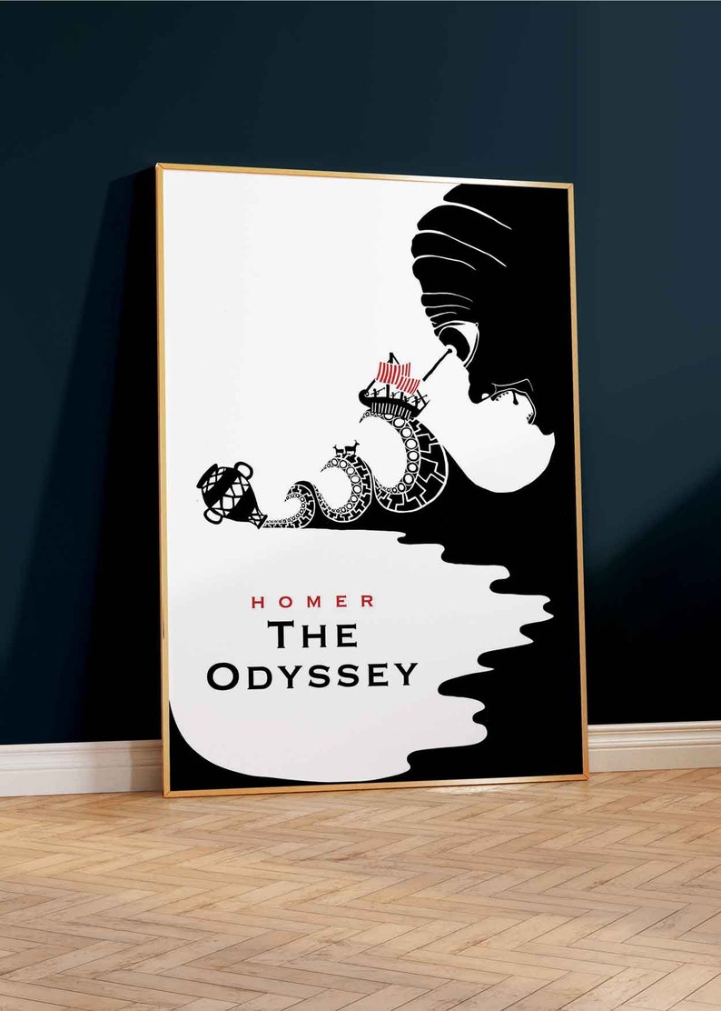 May include: Black and white illustration of a ship sailing into the mouth of a giant sea monster. The text "HOMER THE ODYSSEY" is printed below the image.