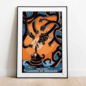 L'Idra, Le fatiche di Eracle, Stampa della mitologia greca, Poster di creature mitologiche, Arte murale degli dei, Ercole, 2 varianti di colore, A4, A3