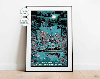 Narziß und Hall Poster: Griechische Mythologie Wandkunst (A4, A3)