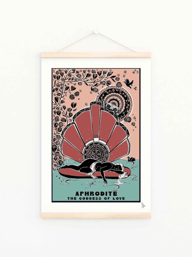 May include: Aphrodite, the Goddess of Love, is depicted in a black and white illustration. She is lying on a seashell in a body of water. The background is a peach colour with black floral designs and a bird.