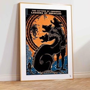 May include: A black and white illustration of the Greek mythological creature Cerberus, a three-headed dog, with a human figure in the background. The text "THE CAPTURE OF CERBERUS LABOURS OF HERACLES" is at the top of the image.