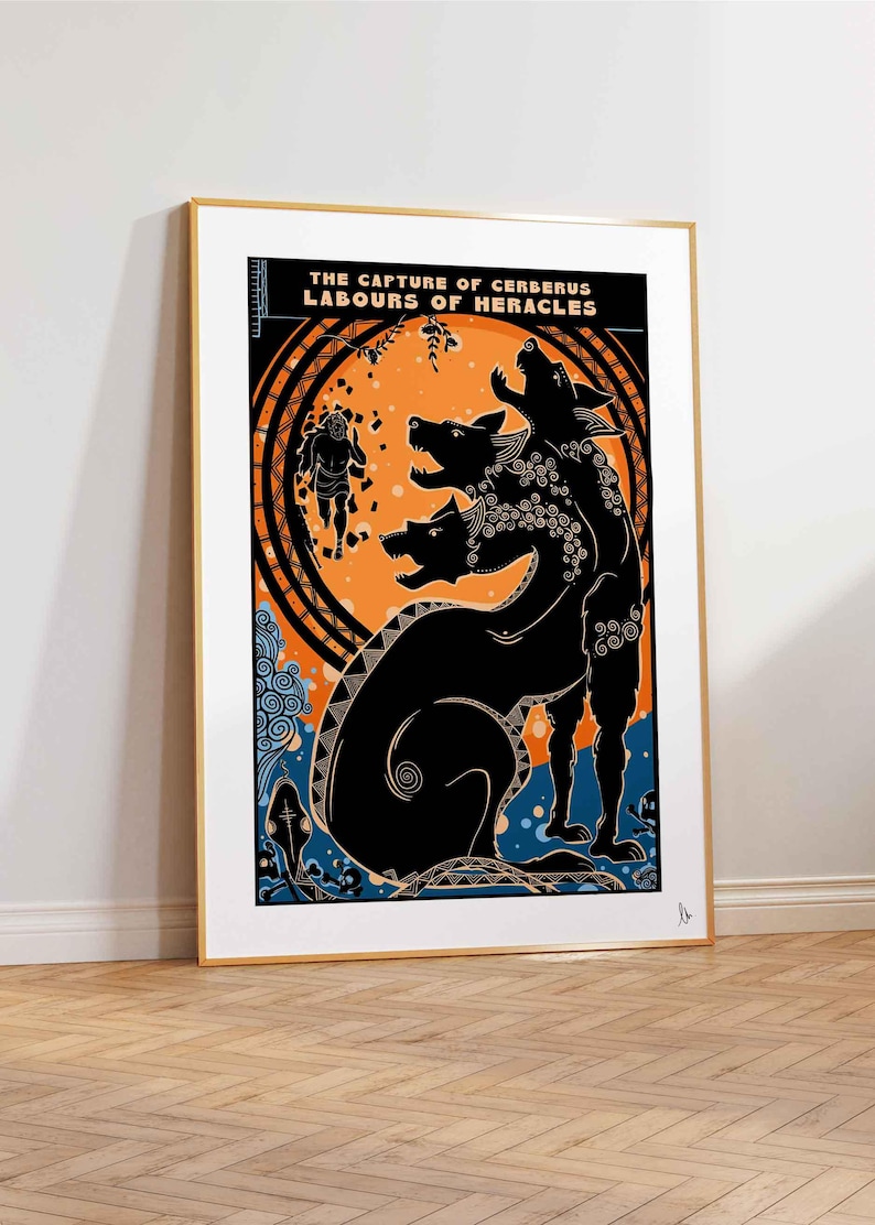 May include: A black and white illustration of the Greek mythological creature Cerberus, a three-headed dog, with a human figure in the background. The text "THE CAPTURE OF CERBERUS LABOURS OF HERACLES" is at the top of the image.