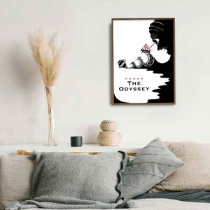 May include: Black and white illustration of a ship sailing through a wave. The text "HOMER THE ODYSSEY" is below the image.