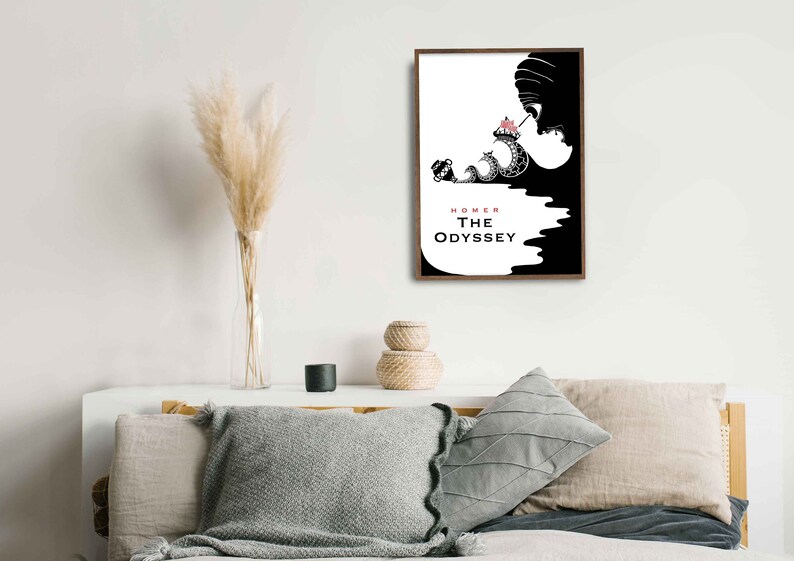 May include: Black and white illustration of a ship sailing through a wave. The text "HOMER THE ODYSSEY" is below the image.