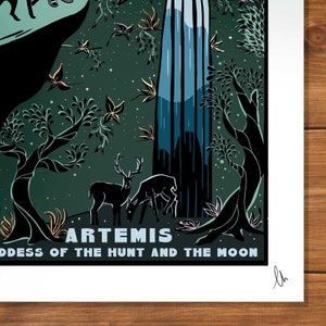 May include: A stylized illustration of Artemis, the Greek goddess of the hunt and the moon. The image features a dark green background with a waterfall, trees, and deer. The text "ARTEMIS, GODDESS OF THE HUNT AND THE MOON" is written in white at the bottom of the image.