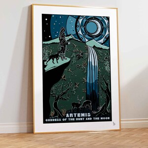 May include: A digital illustration of Artemis, the Greek goddess of the hunt and the moon. The image features a woman with a bow and arrow standing on a cliff overlooking a waterfall. The background is a dark blue sky with stars and a crescent moon.