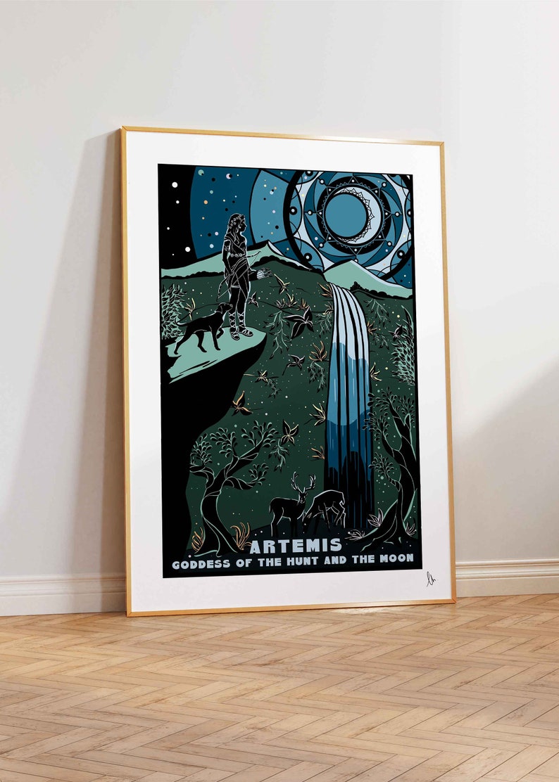 May include: A digital illustration of Artemis, the Greek goddess of the hunt and the moon. The image features a woman with a bow and arrow standing on a cliff overlooking a waterfall. The background is a dark blue sky with stars and a crescent moon.