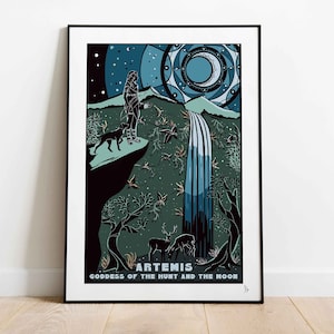 Artemide, dea della caccia e della luna, stampa della mitologia greca, stampa murale di dei e dee, amante della mitologia, stampa grafica, A4, A3, A2