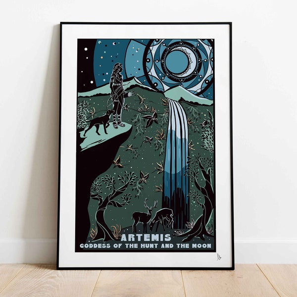 Artemis, Goddess of the Hunt and the Moon, Greek Mythology Print, Gods and Goddess Wall Art, Mythology Lover, Graphic Print, A4, A3, A2