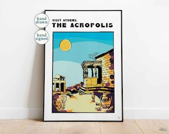 Poster di viaggio sull'Acropoli di Atene: arte murale sulla mitologia greca (A4, A3)