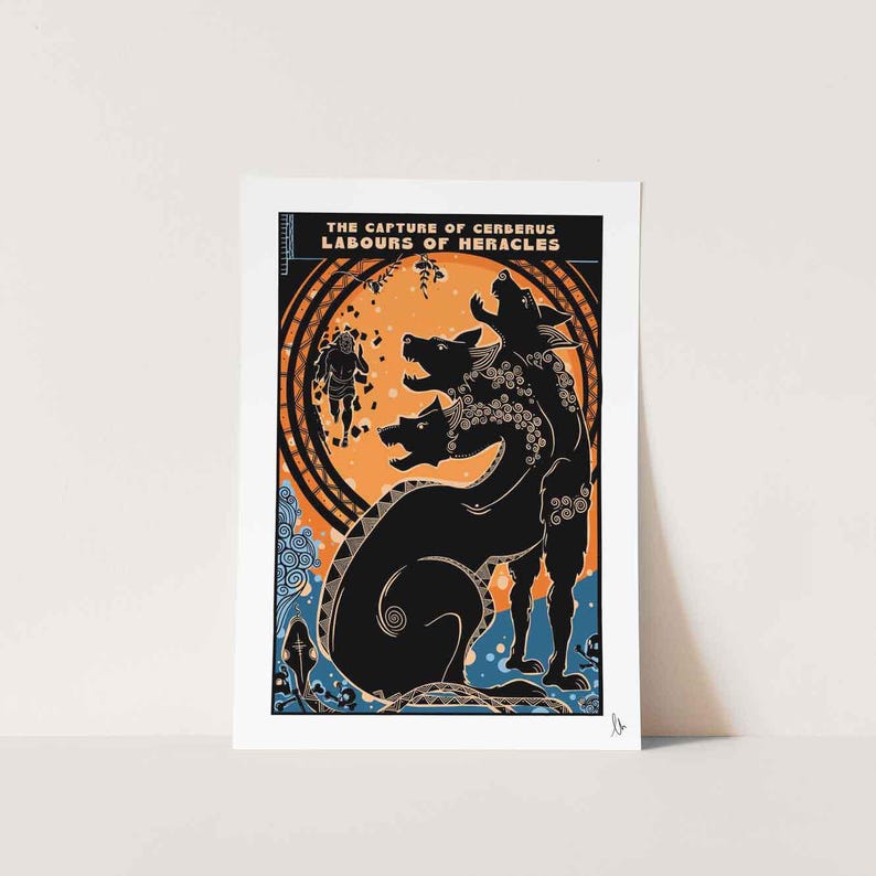 May include: An illustration of the Greek myth of Hercules capturing Cerberus, the three-headed dog guarding the underworld. The image is in a vintage style with a black and gold color scheme.
