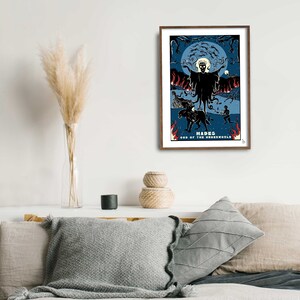May include: A framed illustration of Hades, the Greek god of the underworld, depicted as a dark figure with a crown and a three-headed dog. The background is a dark blue sky with a full moon and stars. The text "Hades, God of the Underworld" is printed below the image.