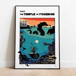 Temple of Poseidon Print, Greek Mythology Poster, Retro Travel Poster, God and Goddess Art, God of the Sea Print, Poseidon Decor, A4, A3, A2