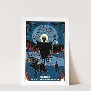 May include: A blue and red illustration of Hades, the Greek god of the underworld. He is depicted as a skeletal figure with a crown, standing in a fiery landscape with two black dogs. The text "Hades, God of the Underworld" is at the bottom of the image.