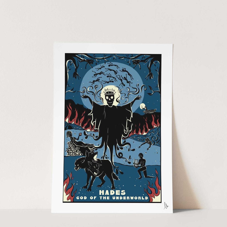 May include: A blue and red illustration of Hades, the Greek god of the underworld. He is depicted as a skeletal figure with a crown, standing in a fiery landscape with two black dogs. The text "Hades, God of the Underworld" is at the bottom of the image.