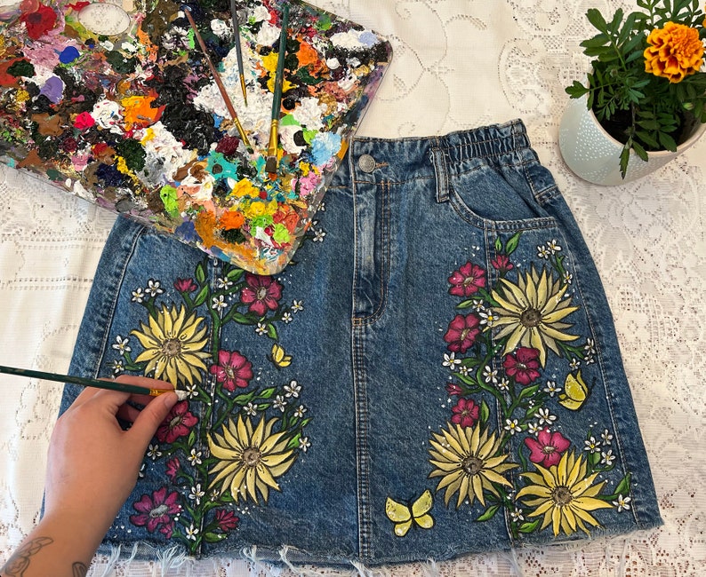 Color flowers print denim skirt