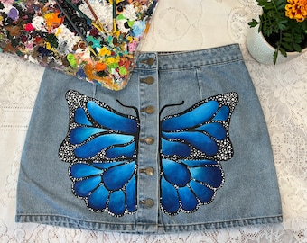 Saia jeans borboleta pintada