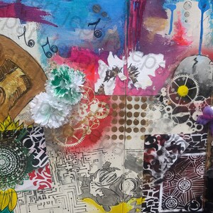 May include: A mixed media art piece with a colorful background and various textures. The piece features a sunflower, gears, flowers, and a butterfly. The piece is painted in shades of blue, green, red, yellow, and brown.