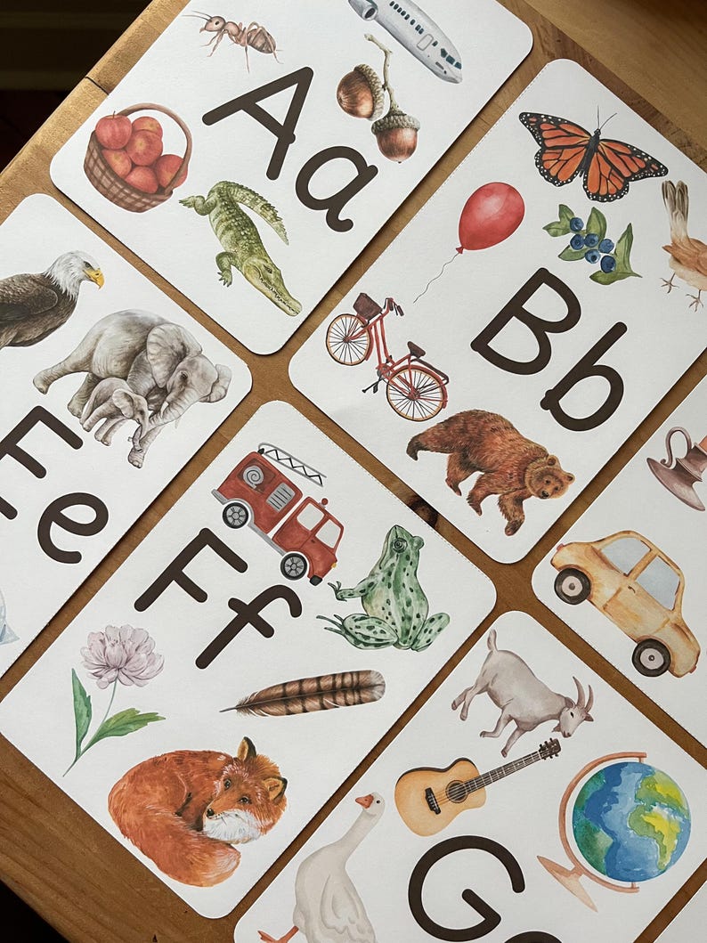 May include: A set of alphabet flash cards featuring colorful illustrations of animals, objects, and nature scenes. Each card has a letter of the alphabet in uppercase and lowercase, along with a corresponding image. The letters are printed in brown on a white background.