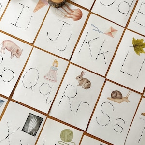 Afdrukbare flashkaarten alfabet overtrekken, lettertracering, digitale download, handschriftoefening, alfabetkaarten voor kinderen, kleine en grote set