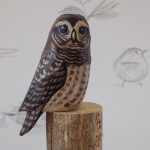 May include: A hand-painted wooden owl figurine with brown and gray feathers, perched on a small wooden log. The owl has large, round eyes with black pupils and a yellow beak.