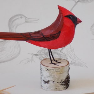 Hand Carved Cardinal Woodcarving on Birch Log