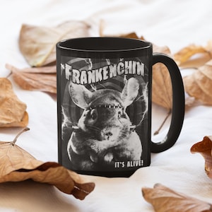 15 Oz Frankenchin Frankenstein Halloween Mug in Black & White | Unique mug for Halloween Chinchilla Lovers!